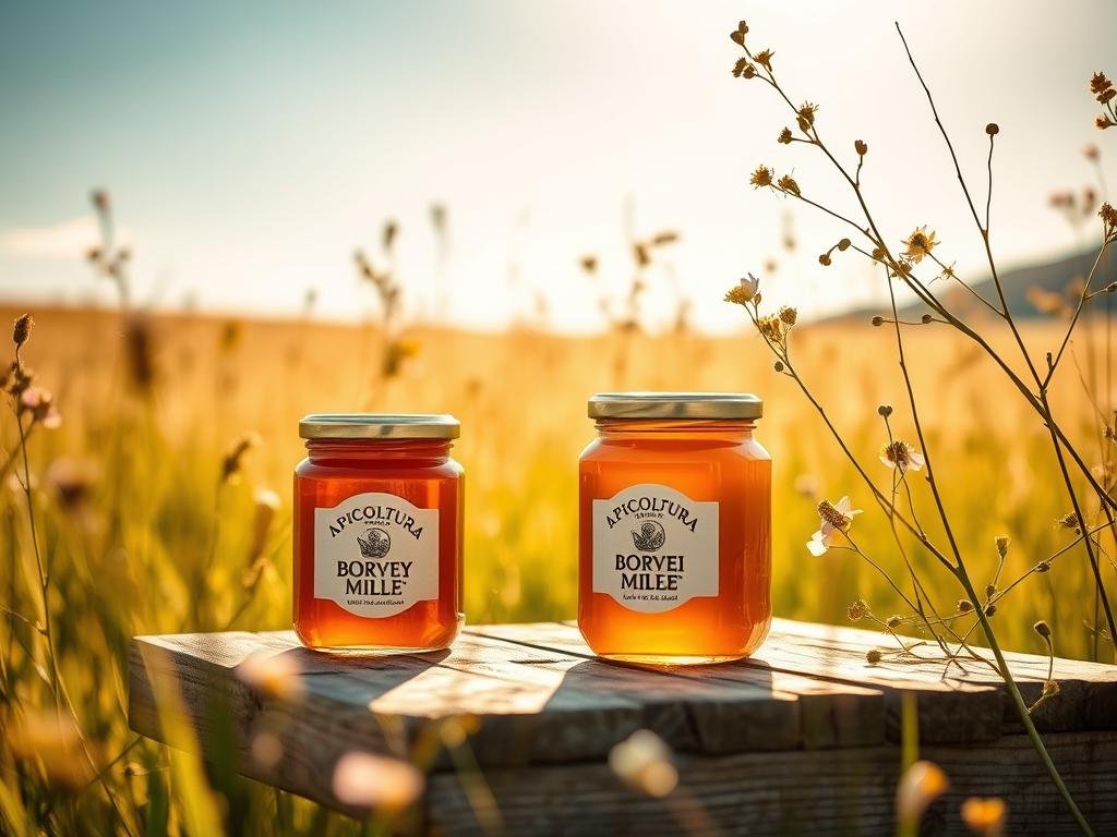 A lush, golden meadow in the Italian countryside, awash in the warm glow of the sun. Jars of rich, amber honey sit atop a weathered wooden table, their labels proudly displaying the brand "APICOLTURA BORVEI MIELE". Delicate wildflowers sway gently in the soft breeze, their petals casting playful shadows across the scene. A sense of tranquility and nourishment pervades the air, perfectly capturing the essence of the "ricette al miele" that will grace the "Conclusione" section of the article. A lush, golden meadow in the Italian countryside, awash in the warm glow of the sun. Jars of rich, amber honey sit atop a weathered wooden table, their labels proudly displaying the brand "APICOLTURA BORVEI MIELE". Delicate wildflowers sway gently in the soft breeze, their petals casting playful shadows across the scene. A sense of tranquility and nourishment pervades the air, perfectly capturing the essence of the "ricette al miele" that will grace the "Conclusione" section of the article.