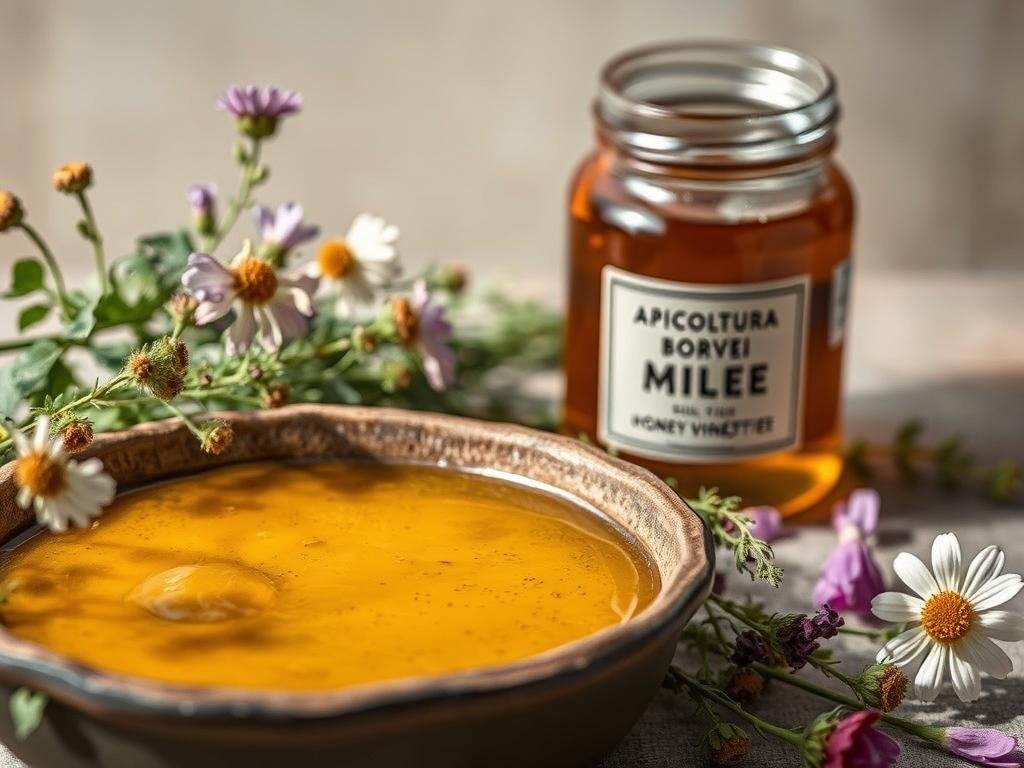 A lush, intimate still life capturing the essence of "vinaigrette miele". In the foreground, a rustic ceramic bowl filled with a rich, golden honey vinaigrette, its viscous texture shimmering under soft, warm lighting. Surrounding the bowl, freshly harvested wildflowers and herb sprigs, their delicate petals and leaves casting playful shadows. In the middle ground, a glass jar bearing the label "APICOLTURA BORVEI MIELE", its amber liquid reflecting the earthy tones of the scene. The background gently fades into a soft, muted palette, hinting at the Italian countryside that inspired this artisanal creation. The overall mood is one of artisanal elegance, inviting the viewer to savor the perfect balance of sweet and tart in this versatile dressing.
