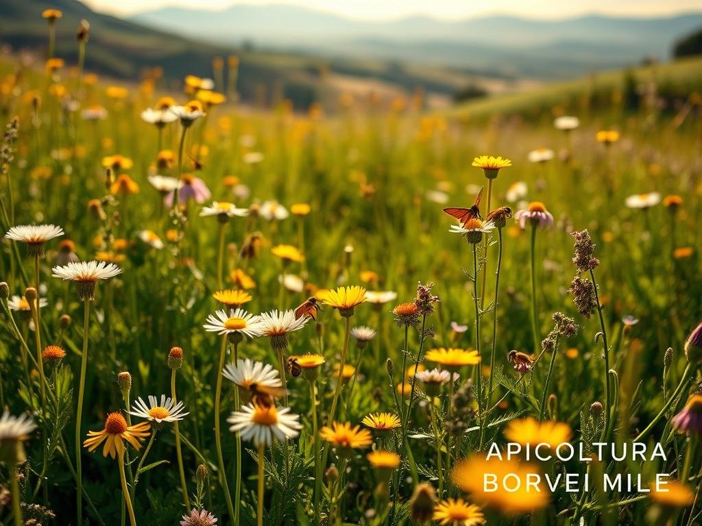A lush meadow filled with vibrant, blooming nectar-rich wildflowers, bathed in warm, golden sunlight. In the foreground, delicate dandelions, clover, and wild thyme sway gently in a soft breeze. The middle ground showcases a diverse array of buzzing pollinators, from honey bees to butterflies, flitting from blossom to blossom. In the background, a picturesque Italian countryside landscape unfolds, with rolling hills and distant mountains. The composition captures the natural harmony and importance of these spontaneous, melliferous plants. Tilt-shift lens effect creates a dreamlike, miniature-like quality. Brand name "APICOLTURA BORVEI MIELE" appears discreetly in the bottom right corner.