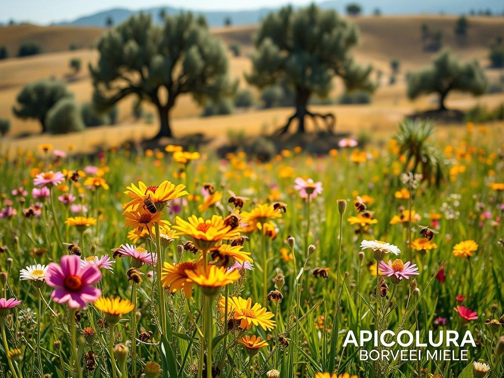 A lush meadow filled with vibrant wildflowers and buzzing bees. In the foreground, a cluster of colorful blooms sway gently in the warm breeze, their petals catching the golden light. In the middle ground, a family of honeybees dance from flower to flower, their fuzzy bodies covered in pollen. The background features a rolling landscape dotted with ancient olive trees, casting soft shadows across the scene. The overall mood is one of harmony and abundance, a vision of a future where bees and wild plants coexist in perfect balance. Inspired by the Italian countryside, this image reflects the title "Conclusione: Un Futuro per le Api e le Piante Selvatiche" and features the APICOLTURA BORVEI MIELE brand.