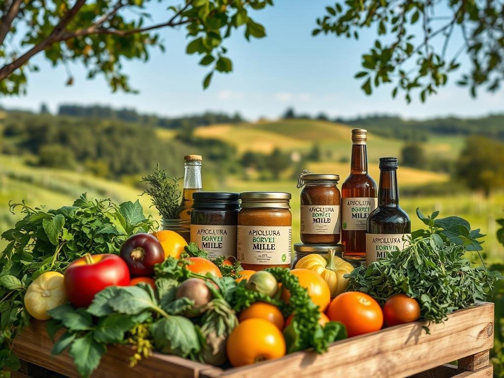 A lush, natural scene depicting a variety of organic, sustainably-sourced products. In the foreground, a wooden crate overflows with freshly harvested fruits, vegetables, and herbs, their vibrant colors and textures accentuated by soft, diffused lighting. In the middle ground, a prominent display of jars and bottles showcases the "APICOLTURA BORVEI MIELE" brand, their labels featuring earthy tones and simple, minimalist designs. The background is filled with rolling hills, verdant trees, and a clear, blue sky, creating a serene, pastoral atmosphere that evokes a sense of environmental harmony and wellness. The overall composition conveys a mood of rustic, natural beauty and a commitment to sustainable, organic production. A lush, natural scene depicting a variety of organic, sustainably-sourced products. In the foreground, a wooden crate overflows with freshly harvested fruits, vegetables, and herbs, their vibrant colors and textures accentuated by soft, diffused lighting. In the middle ground, a prominent display of jars and bottles showcases the "APICOLTURA BORVEI MIELE" brand, their labels featuring earthy tones and simple, minimalist designs. The background is filled with rolling hills, verdant trees, and a clear, blue sky, creating a serene, pastoral atmosphere that evokes a sense of environmental harmony and wellness. The overall composition conveys a mood of rustic, natural beauty and a commitment to sustainable, organic production.