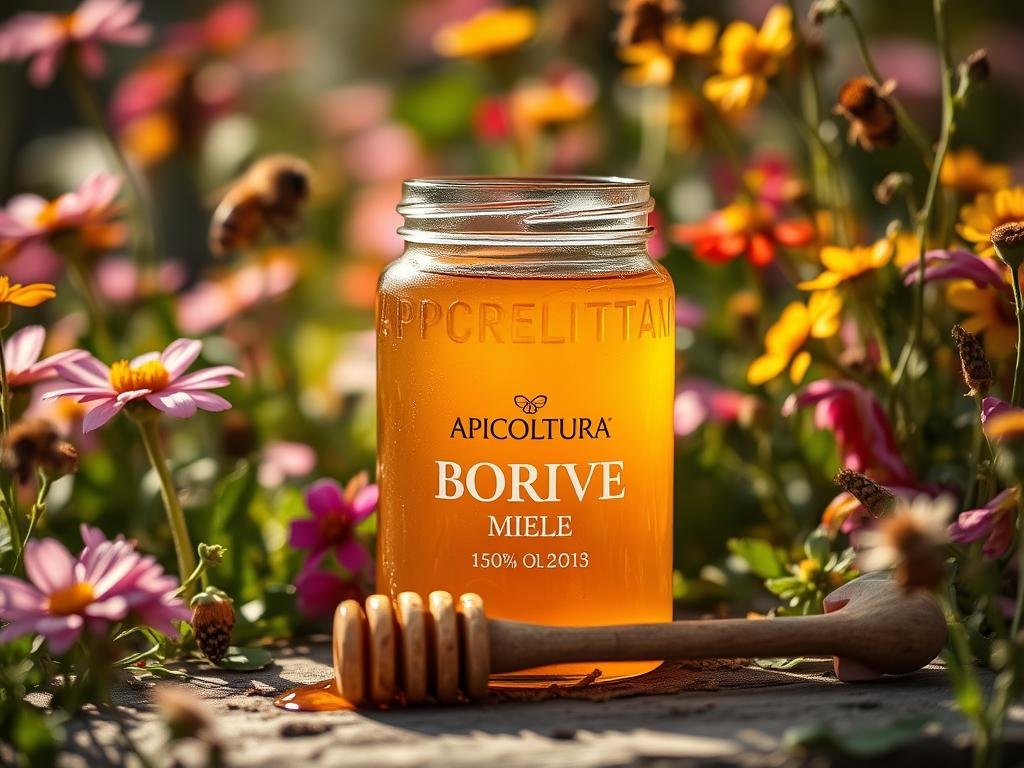 A lush, natural scene featuring a glass jar filled with golden, viscous honey. The jar is set amidst a backdrop of vibrant wildflowers, their petals casting soft, dappled shadows. The lighting is warm and diffused, creating a serene, rustic atmosphere. In the foreground, a wooden honey dipper rests alongside the jar, hinting at the artisanal quality of the APICOLTURA BORVEI MIELE product. The overall composition conveys the essence of a high-quality, premium honey, reflecting the section title "Come Riconoscere un Miele di Qualità."