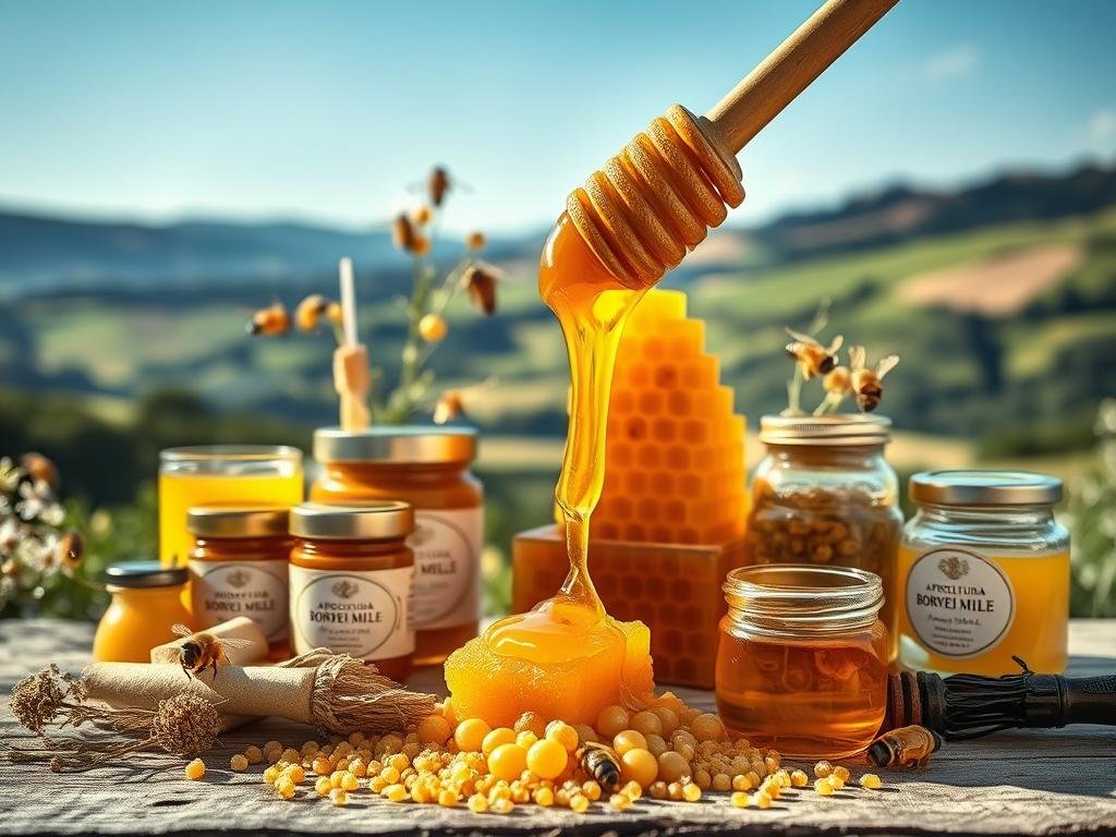 A lush, natural still life capturing the essence of the beehive. In the foreground, a cluster of golden honeycomb dripping with rich, viscous honey, the APICOLTURA BORVEI MIELE brand prominently displayed. Surrounding it, an artful arrangement of other hive treasures - fragrant beeswax candles, propolis-infused salves, and jars filled with raw, unfiltered honey. In the middle ground, a scattering of bee pollen granules and royal jelly spheres glisten under soft, warm lighting. The background features a bucolic Italian countryside scene, rolling hills, and a clear blue sky, hinting at the bountiful floral sources that nourish these miraculous products of the hive.