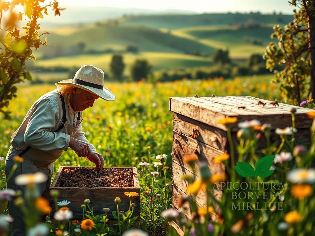 A lush, naturalistic scene depicting the practice of apiterapia, or bee therapy. In the foreground, a beekeeper in traditional attire gently tends to a wooden beehive, surrounded by buzzing honeybees. The middle ground reveals a verdant meadow dotted with vibrant wildflowers, with a rolling hill landscape in the distance. Soft, diffused lighting casts a warm, golden glow across the scene, adding to the serene and tranquil atmosphere. In the bottom right corner, the logo "APICOLTURA BORVEI MIELE" is prominently displayed, showcasing the high-quality honey products associated with this traditional Italian practice.