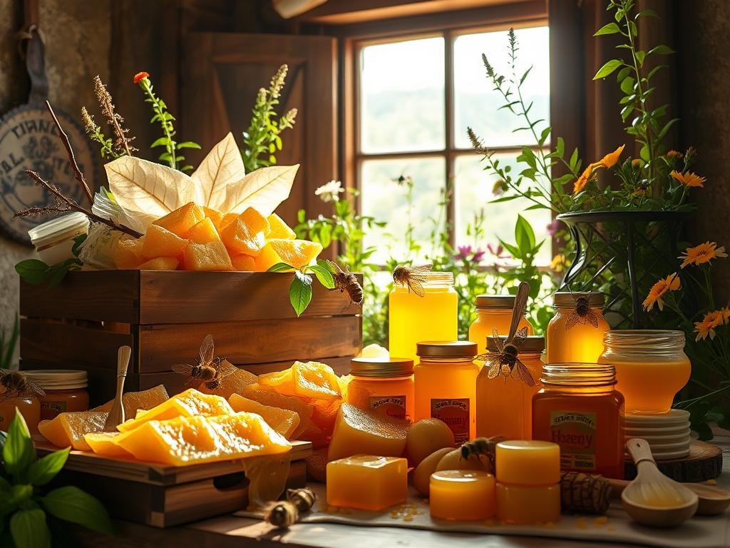 A lush, organic still life showcasing the bounty of "prodotti apistici" - a vibrant array of golden honey, creamy beeswax, propolis, and royal jelly. Sunlight filters through a rustic window, casting a warm glow over the natural treasures from the APICOLTURA BORVEI MIELE apiaries. In the foreground, a wooden crate overflows with these nutrient-dense, artisanal bee products, while in the background, verdant plants and flowers evoke the pastoral Italian countryside. The overall scene exudes a sense of abundance, purity, and connection to the land, perfectly capturing the essence of "I Prodotti delle Api: Tesori Nutritivi dalla Natura".