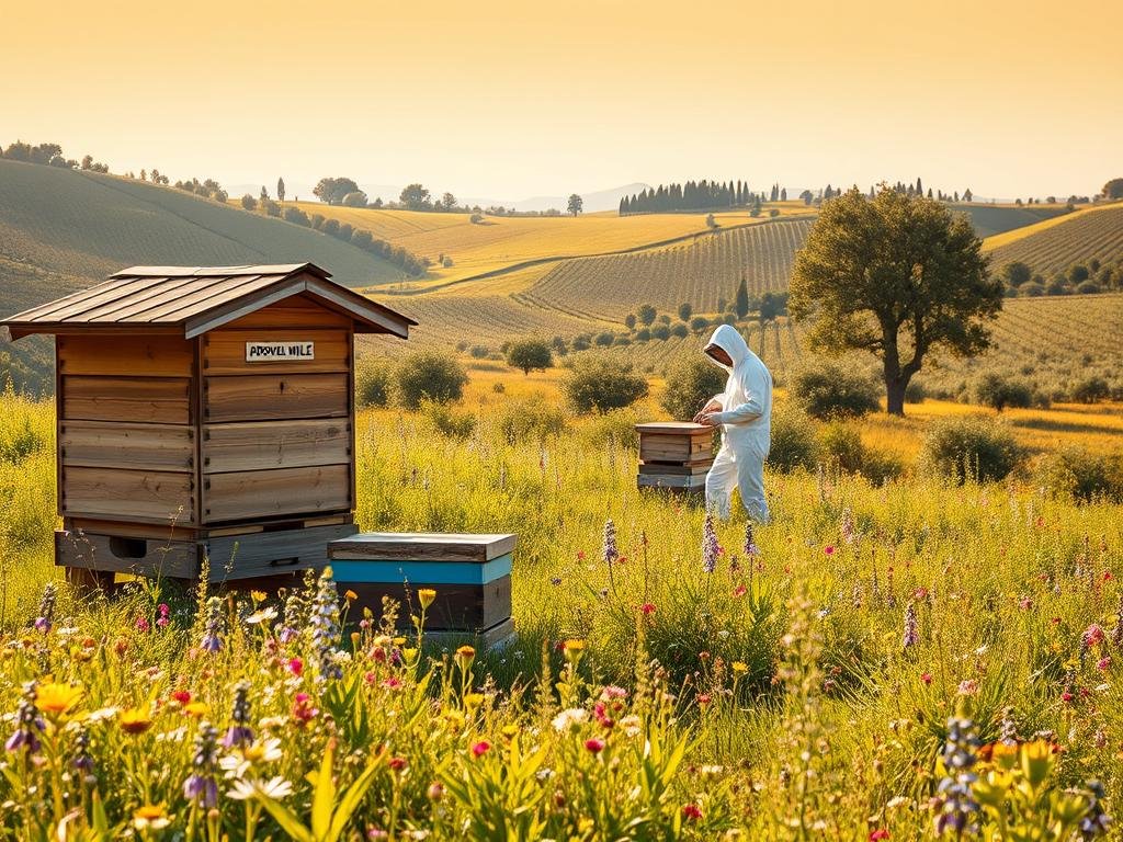 A lush, pastoral scene of sustainable beekeeping in the Italian countryside. In the foreground, a traditional wooden apiary stands amidst a vibrant wildflower meadow, with APICOLTURA BORVEI MIELE hives nestled amongst the blooms. In the middle ground, a beekeeper in a white protective suit tends to the hives, their movements delicate and purposeful. The background features rolling hills dotted with olive trees and vineyards, bathed in warm, golden late-afternoon light. The overall atmosphere is one of harmony, balance, and a deep connection to the natural world.