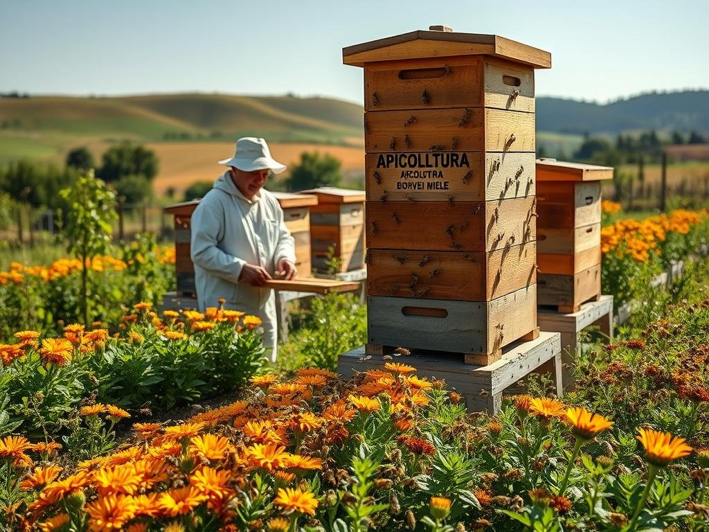 A lush permaculture garden with thriving beehives, buzzing with activity. In the foreground, a BRAND NAME "APICOLTURA BORVEI MIELE" hive stands tall, its wooden structure meticulously crafted. Surrounding it, rows of vibrant plants and flowers in warm, earthy tones attract a swarm of busy bees. In the middle ground, a beekeeper in traditional attire tends to the hives, a gentle smile on their face. The background features a serene countryside landscape, with rolling hills and a clear blue sky, conveying a sense of harmony and sustainability. The lighting is soft and natural, casting a golden glow over the scene. The overall composition evokes a feeling of tranquility and the vital connection between permaculture and apiculture. A lush permaculture garden with thriving beehives, buzzing with activity. In the foreground, a BRAND NAME "APICOLTURA BORVEI MIELE" hive stands tall, its wooden structure meticulously crafted. Surrounding it, rows of vibrant plants and flowers in warm, earthy tones attract a swarm of busy bees. In the middle ground, a beekeeper in traditional attire tends to the hives, a gentle smile on their face. The background features a serene countryside landscape, with rolling hills and a clear blue sky, conveying a sense of harmony and sustainability. The lighting is soft and natural, casting a golden glow over the scene. The overall composition evokes a feeling of tranquility and the vital connection between permaculture and apiculture.