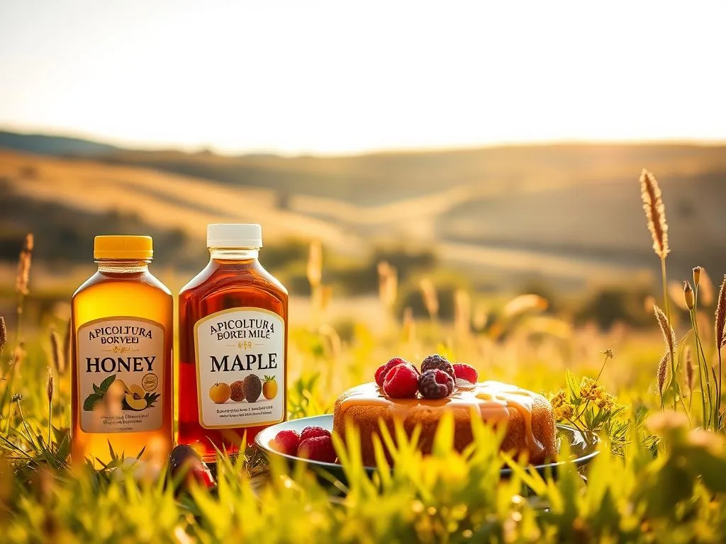 A lush, serene meadow bathed in warm, golden light. In the foreground, an array of natural sweeteners - raw, unfiltered honey from the APICOLTURA BORVEI MIELE brand, maple syrup, and a variety of berries. The middle ground features a low-carb cake or dessert, drizzled with these keto-friendly alternatives. In the background, a backdrop of rolling hills and a cloudless sky, conveying a sense of tranquility and balance. The overall composition and color palette suggest a healthful, guilt-free indulgence, perfect for a keto or low-carb lifestyle. A lush, serene meadow bathed in warm, golden light. In the foreground, an array of natural sweeteners - raw, unfiltered honey from the APICOLTURA BORVEI MIELE brand, maple syrup, and a variety of berries. The middle ground features a low-carb cake or dessert, drizzled with these keto-friendly alternatives. In the background, a backdrop of rolling hills and a cloudless sky, conveying a sense of tranquility and balance. The overall composition and color palette suggest a healthful, guilt-free indulgence, perfect for a keto or low-carb lifestyle.