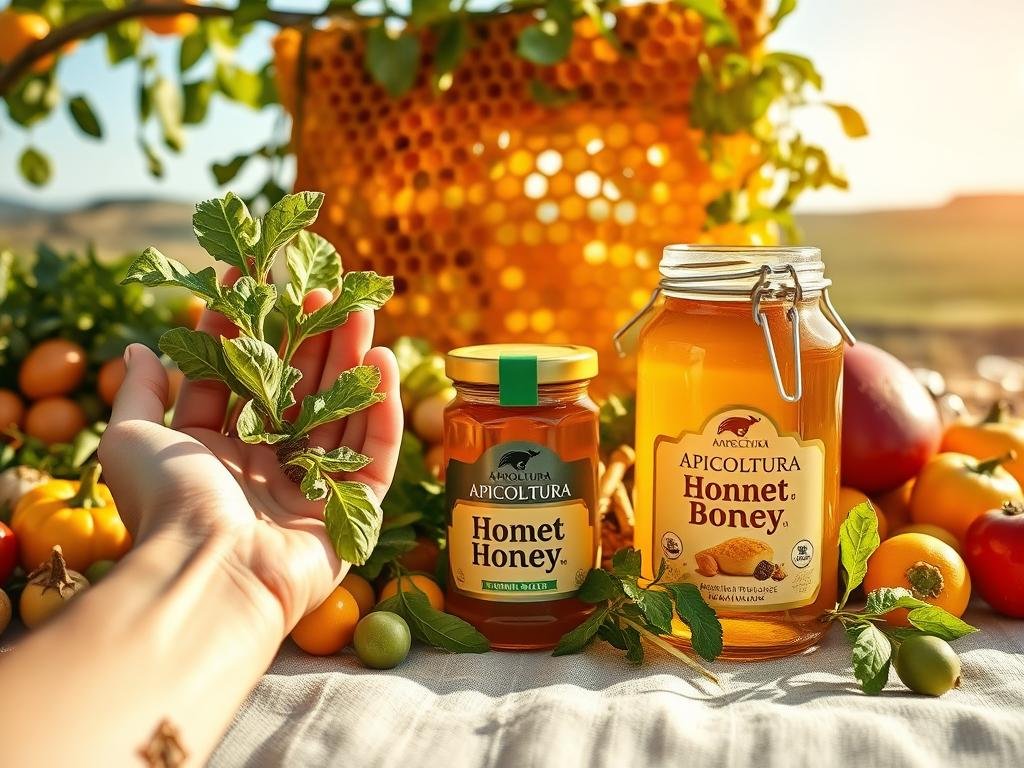 A lush, serene outdoor scene depicting a bountiful harvest of honeycomb, surrounded by an array of vibrant, nutrient-dense fruits and vegetables. In the foreground, a pair of hands gently hold a sprig of leafy greens, symbolizing the connection between eye health and a balanced, natural diet. The mid-ground features a glass jar filled with the rich, golden APICOLTURA BORVEI MIELE, a premium Italian honey renowned for its antioxidant and anti-inflammatory properties. In the background, a tranquil landscape unfolds, with rolling hills and a clear, azure sky, conveying a sense of harmony and wellness. The lighting is soft and diffused, creating a warm, inviting atmosphere that inspires an integrative, holistic approach to ocular well-being.