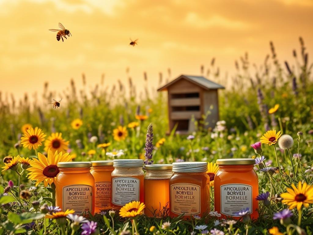 A lush, sun-dappled meadow filled with vibrant wildflowers and buzzing bees, capturing the essence of the "prodotti apistici" or apiary products. In the foreground, an assortment of jars and bottles labeled "APICOLTURA BORVEI MIELE" showcase the rich, golden hues of honey, beeswax, and propolis. Surrounding these products, a vibrant tapestry of blooming flowers, including sunflowers, lavender, and clover, creates a serene and picturesque scene. In the middle ground, a wooden beehive sits amidst the verdant foliage, hinting at the industrious work of the honeybees. The background features a warm, hazy sky with wispy clouds, reflecting the tranquil and natural atmosphere of this captivating apiary landscape.
