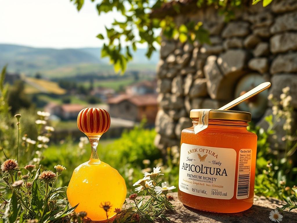 A lush, sun-drenched Italian countryside scene, showcasing the artisanal quality of Apicoltura's premium honey. In the foreground, a bountiful comb of rich, golden honey glistens, surrounded by delicate wildflowers and verdant foliage. The middle ground features a traditional stone apiary, its weathered facade exuding a timeless, handcrafted charm. In the background, rolling hills and a picturesque village dot the horizon, bathed in the warm, soft light of a Mediterranean afternoon. The overall composition conveys the essence of authentic, artisanal Italian honey, a testament to the care and dedication of the Apicoltura beekeepers.
