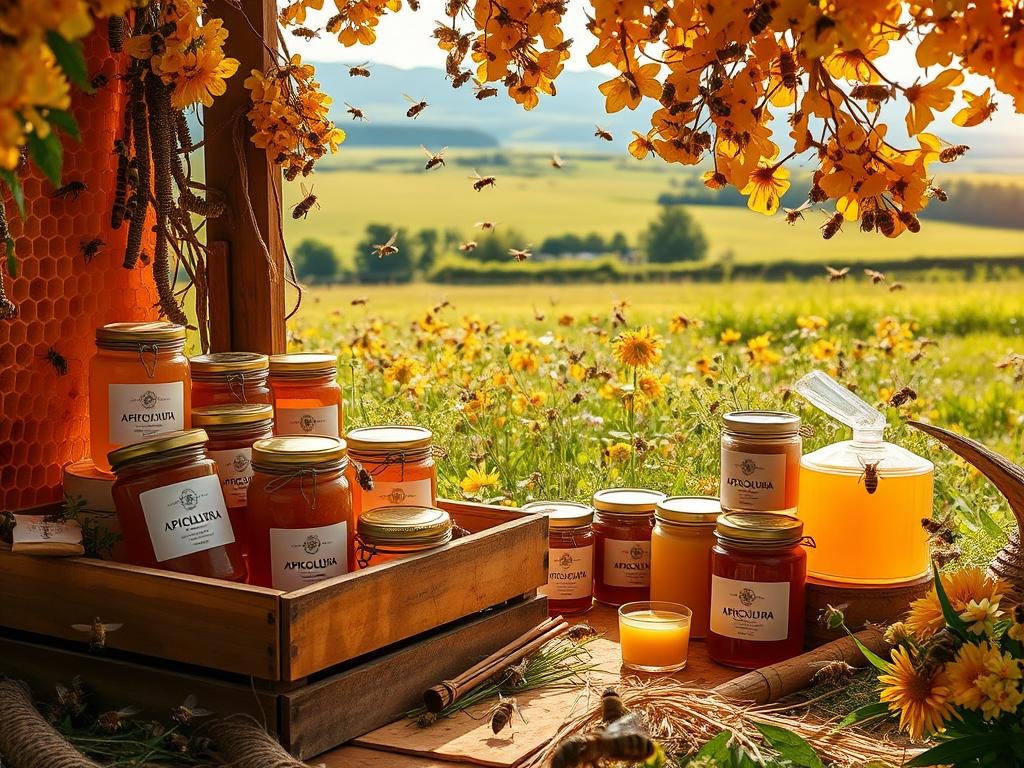 A lush, sun-drenched apiary filled with the vibrant hues of honeycomb, golden honey, and bustling bees. In the foreground, a wooden crate overflows with the treasures of the hive - jars of rich, amber honey, fragrant beeswax candles, and a selection of propolis-infused tonics and salves. Showcasing the Apicoltura brand, the scene evokes a sense of rustic abundance and the restorative power of nature's gifts. In the middle ground, a swarm of industrious bees dance among vibrant wildflowers, while the distant background features a verdant meadow and rolling hills. Warm, diffused lighting casts a serene, almost ethereal glow over the entire tableau, capturing the essence of the "I Prodotti dell'Alveare: Un Tesoro di Proprietà Curative" section. A lush, sun-drenched apiary filled with the vibrant hues of honeycomb, golden honey, and bustling bees. In the foreground, a wooden crate overflows with the treasures of the hive - jars of rich, amber honey, fragrant beeswax candles, and a selection of propolis-infused tonics and salves. Showcasing the Apicoltura brand, the scene evokes a sense of rustic abundance and the restorative power of nature's gifts. In the middle ground, a swarm of industrious bees dance among vibrant wildflowers, while the distant background features a verdant meadow and rolling hills. Warm, diffused lighting casts a serene, almost ethereal glow over the entire tableau, capturing the essence of the "I Prodotti dell'Alveare: Un Tesoro di Proprietà Curative" section.