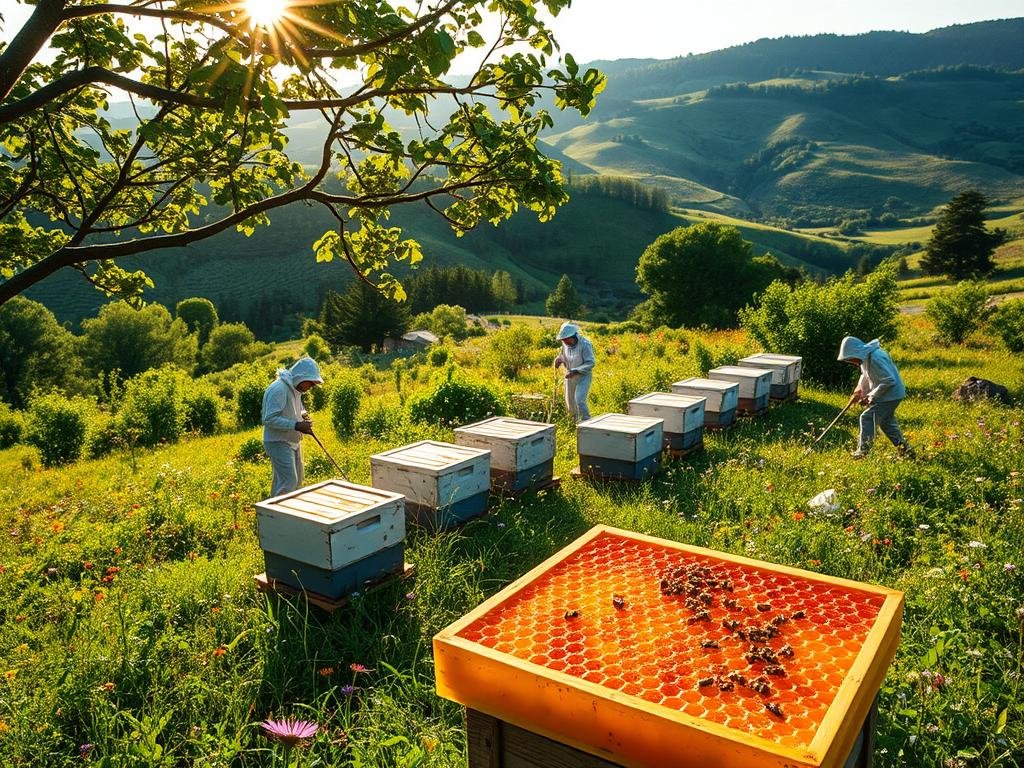A lush, verdant apiary nestled amidst rolling hills, showcasing the sustainable practices of APICOLTURA BORVEI MIELE. Sunlight filters through the leafy canopy, casting a warm glow over the bustling hives and the surrounding wildflower meadow. Beekeepers in protective gear tend to the colonies, their movements graceful and deliberate. In the foreground, a cluster of vibrant, honey-filled honeycomb frames illustrates the bountiful harvest, a testament to the harmonious relationship between man and nature. The scene evokes a sense of tranquility, balance, and the importance of ethical, eco-friendly beekeeping practices. A lush, verdant apiary nestled amidst rolling hills, showcasing the sustainable practices of APICOLTURA BORVEI MIELE. Sunlight filters through the leafy canopy, casting a warm glow over the bustling hives and the surrounding wildflower meadow. Beekeepers in protective gear tend to the colonies, their movements graceful and deliberate. In the foreground, a cluster of vibrant, honey-filled honeycomb frames illustrates the bountiful harvest, a testament to the harmonious relationship between man and nature. The scene evokes a sense of tranquility, balance, and the importance of ethical, eco-friendly beekeeping practices.