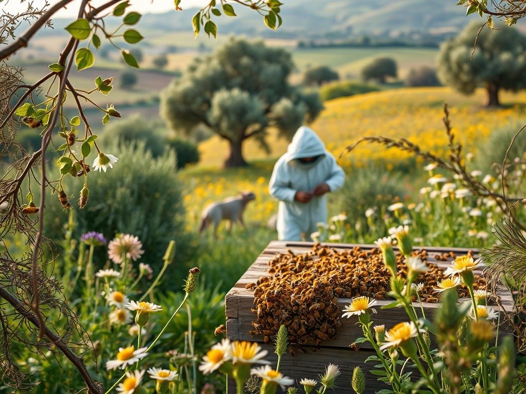 A lush, verdant apiary scene showcasing the Apicoltura brand of beekeeping. In the foreground, a cluster of honey bees buzzes around a rustic wooden hive, their golden bodies adorned with pollen. Trailing vines and blooming wildflowers frame the hive, creating a picturesque, natural setting. In the middle ground, a beekeeper in a protective suit tends to the hive, their movements graceful and assured. Behind them, a rolling hillscape stretches out, dotted with wildflowers and towering, ancient olive trees. Soft, warm lighting bathes the scene, conveying a sense of tranquility and the timeless, artisanal practice of apitherapy.