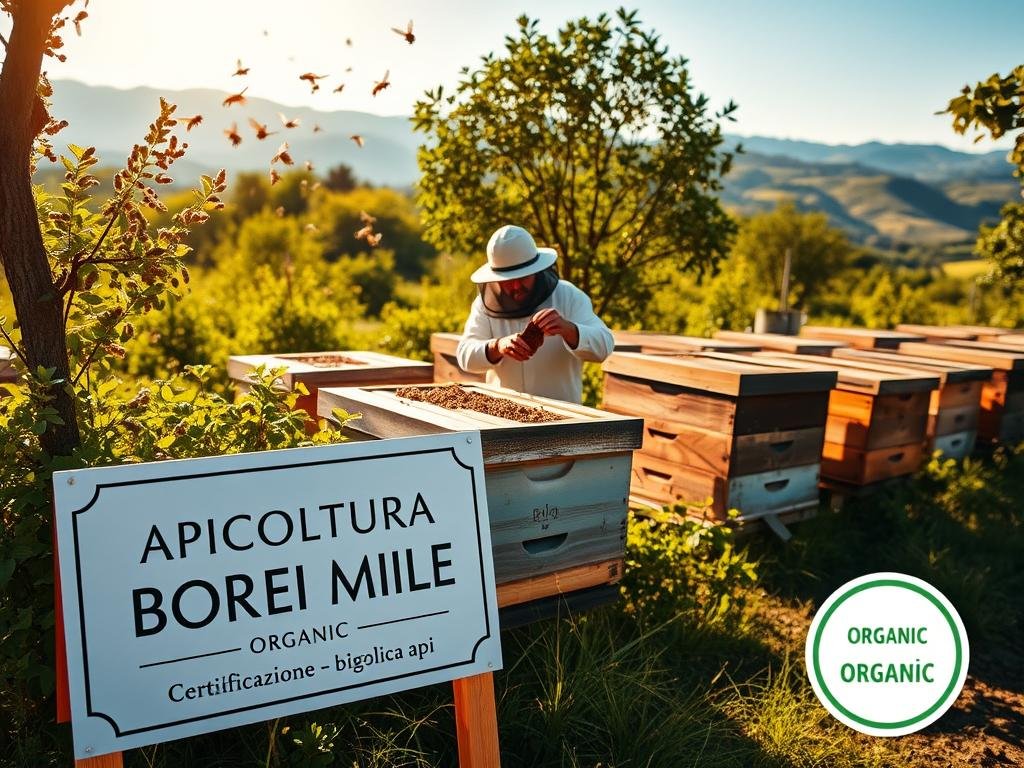 A lush, verdant apiary with sun-dappled hives and bustling honeybees in flight. In the foreground, a large placard bearing the "APICOLTURA BORVEI MIELE" brand name stands prominently. The middle ground showcases a beekeeper carefully inspecting a honeycomb, while the background depicts rolling hills and a clear blue sky. Warm, golden lighting casts a serene, natural atmosphere, highlighting the organic certification process for these artisanal, biodynamic products. The scene conveys the meticulous care and attention to detail that goes into obtaining the coveted "certificazione biologica api" seal.