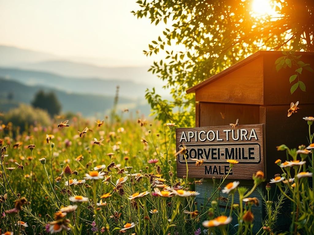 A lush, verdant field of blooming wildflowers, with a rustic wooden beehive nestled amidst the foliage. The sun casts a warm, golden glow, illuminating the scene. In the foreground, a swarm of busy honeybees dart between the flowers, their wings shimmering in the light. In the middle ground, a weathered wooden sign displays the brand name "APICOLTURA BORVEI MIELE", hinting at the rich history and tradition of Italian beekeeping. The background is a hazy, dreamlike landscape of rolling hills and distant mountains, evoking a sense of timelessness and connection to the natural world. The overall mood is one of tranquility, productivity, and a deep appreciation for the ancient art of apiculture. A lush, verdant field of blooming wildflowers, with a rustic wooden beehive nestled amidst the foliage. The sun casts a warm, golden glow, illuminating the scene. In the foreground, a swarm of busy honeybees dart between the flowers, their wings shimmering in the light. In the middle ground, a weathered wooden sign displays the brand name "APICOLTURA BORVEI MIELE", hinting at the rich history and tradition of Italian beekeeping. The background is a hazy, dreamlike landscape of rolling hills and distant mountains, evoking a sense of timelessness and connection to the natural world. The overall mood is one of tranquility, productivity, and a deep appreciation for the ancient art of apiculture.
