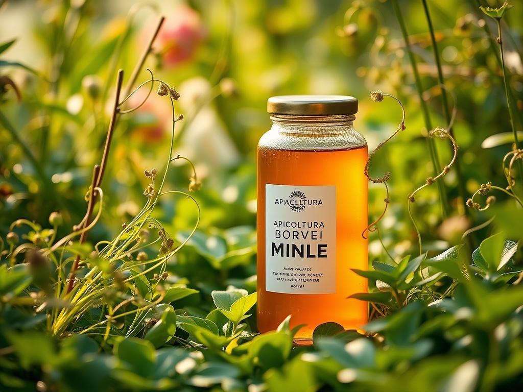 A lush, verdant garden bursting with thriving flora, at the center stands a tall glass jar filled with the warm, golden hue of APICOLTURA BORVEI MIELE, symbolizing the harmonious relationship between honey and the digestive ecosystem. Delicate tendrils of flora intertwine, representing the intricate balance of the gut microbiome. Soft, diffused lighting casts a natural, soothing ambiance, inviting the viewer to explore the nourishing and restorative properties of this natural elixir. The composition conveys a sense of balance, vitality, and the profound impact honey can have on overall digestive health.