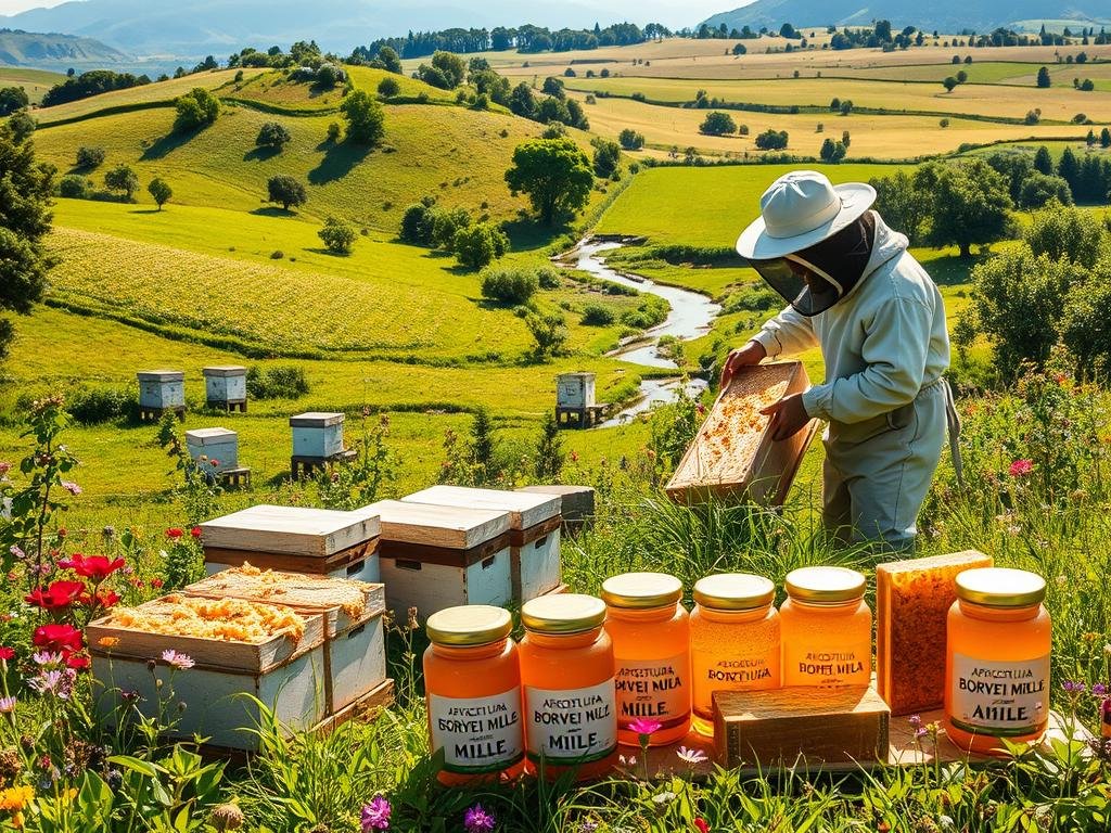 A lush, verdant landscape where beehives dot the rolling hills, surrounded by vibrant wildflowers and verdant foliage. In the foreground, a beekeeper dressed in traditional gear carefully tends to the hives, extracting the golden honey with a sense of reverence. The middle ground showcases the apicoltura process, with jars of "APICOLTURA BORVEI MIELE" displayed alongside freshly harvested honeycombs. In the background, a sun-dappled meadow stretches out, with a meandering stream and a distant grove of fruit trees, symbolizing the harmony between nature and sustainable beekeeping practices. The scene is bathed in warm, golden light, evoking a sense of tranquility and the timeless beauty of the sustainable apiary industry.