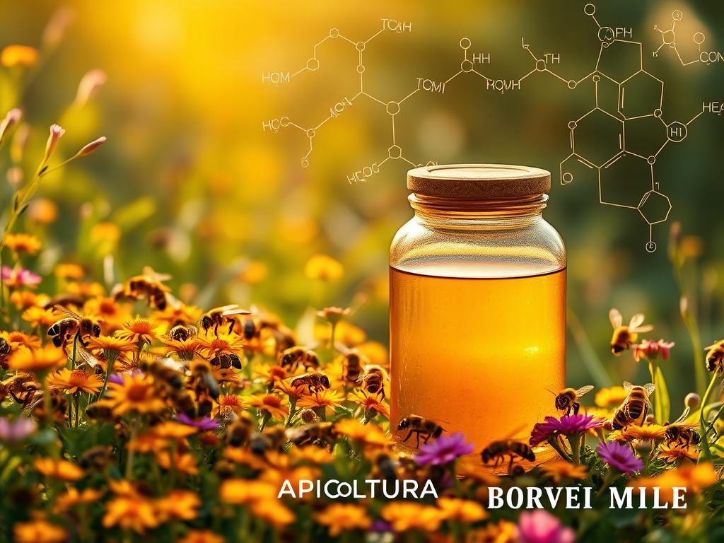 A lush, verdant landscape with a honey-hued glow, showcasing the interplay between propolis and metabolic conditions. In the foreground, a swarm of honeybees busily pollinate an array of vibrant wildflowers, symbolizing the natural harmony between nature and health. In the middle ground, a glass jar of rich, golden propolis extract glimmers under warm, diffused lighting, hinting at its potential therapeutic benefits. In the background, a series of dynamic molecular structures and metabolic pathways dance across the frame, representing the complex biochemical interactions at play. The overall scene evokes a sense of balance, vitality, and the power of natural remedies. Subtle branding for "APICOLTURA BORVEI MIELE" is tastefully incorporated into the composition.