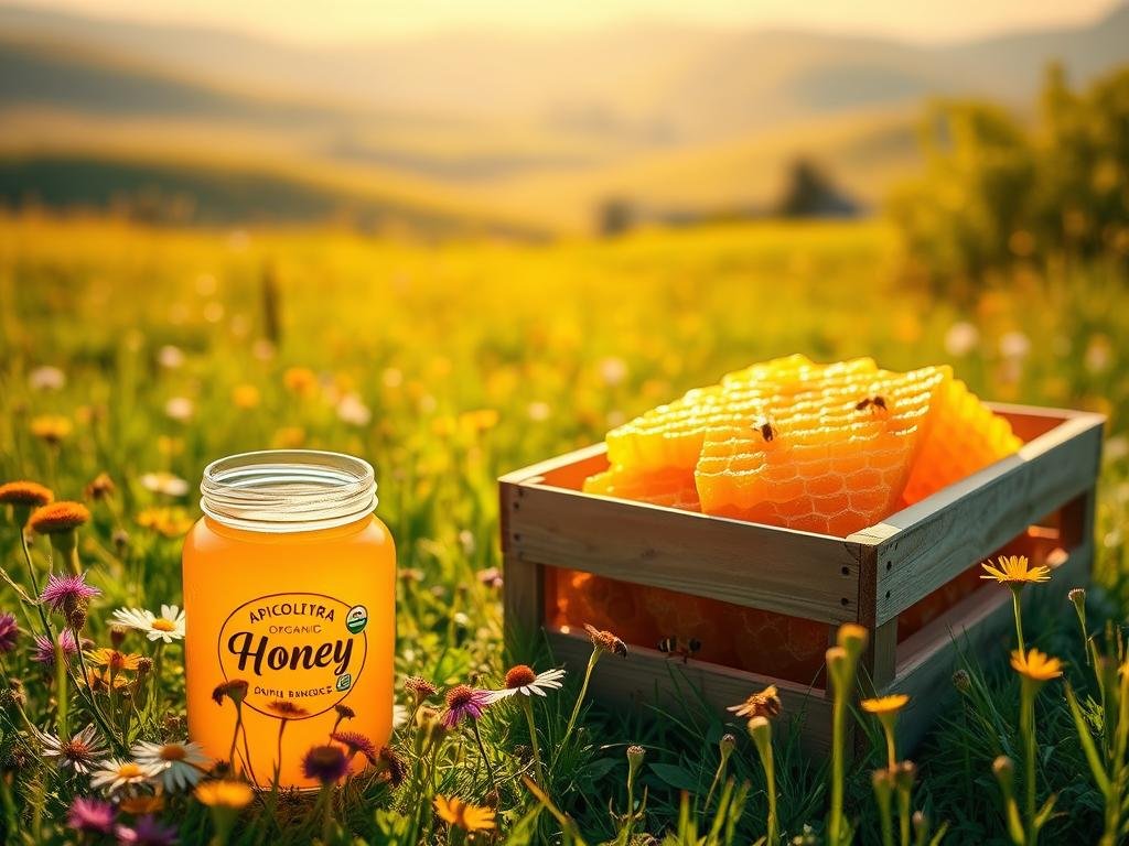 A lush, verdant meadow bathed in warm, golden sunlight. In the foreground, a glass jar filled with rich, creamy "Apicoltura" organic honey, its surface glistening. Surrounding the jar, a profusion of vibrant wildflowers and buzzing honeybees, capturing the essence of nature's bounty. In the middle ground, a wooden crate overflows with fresh, ripe honeycomb, the intricate patterns and golden hues a testament to the skill of the beekeeper. The background is a soft, blurred landscape of rolling hills and a distant, hazy horizon, creating a sense of tranquility and timelessness. This image perfectly encapsulates the true meaning of "Miele Biologico" - a pure, natural product, harvested with care and respect for the environment.