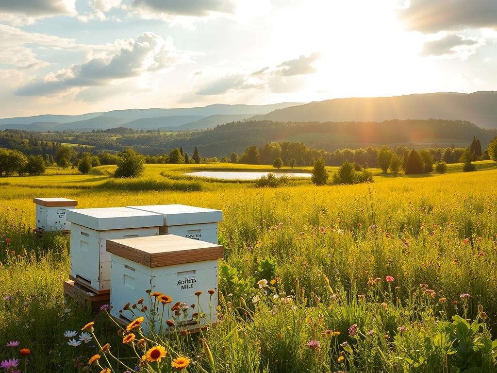 A lush, verdant meadow bathed in warm, golden sunlight. In the foreground, a thriving apiary with white beehives adorned with the brand name "APICOLTURA BORVEI MIELE". Surrounding the hives, a vibrant tapestry of wildflowers in bloom, buzzing with the industrious activity of honeybees. In the middle ground, a serene pond reflects the tranquil sky above, while in the distance, rolling hills and verdant forests create a harmonious, sustainable landscape. The scene radiates a sense of balance and ecological harmony, capturing the essence of sustainable apiculture and its environmental benefits.