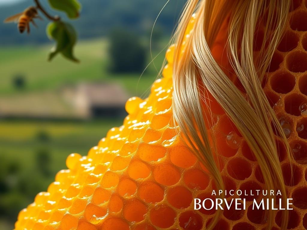 A lush, vibrant close-up image of a bountiful honeycomb, overflowing with glistening, golden pappa reale (royal jelly). The texture of the honeycomb is intricate and organic, the wax cells brimming with the nutrient-dense substance. Lighting is soft and diffused, accentuating the rich, creamy hue of the pappa reale. In the foreground, individual strands of hair, soft and shiny, are entwined with the honeycomb, suggesting the restorative and nourishing benefits of this natural treasure. In the background, a blurred, Italian countryside landscape provides a serene, pastoral context. The APICOLTURA BORVEI MIELE brand name is discreetly featured in the lower corner.