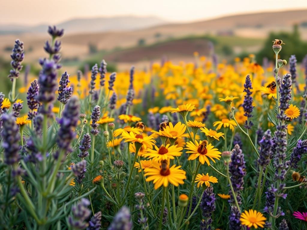 A lush, vibrant field of aromatic, bee-friendly herbs. In the foreground, a vibrant mix of lavender, rosemary, and thyme sway gently in a soft breeze. The middle ground showcases the bright yellow blooms of calendula and chamomile, attracting a swarm of busy Apicoltura honeybees. In the background, rolling hills and a warm, hazy sky create a serene, picturesque scene. Soft, natural lighting illuminates the scene, capturing the essence of a thriving, bee-friendly garden.