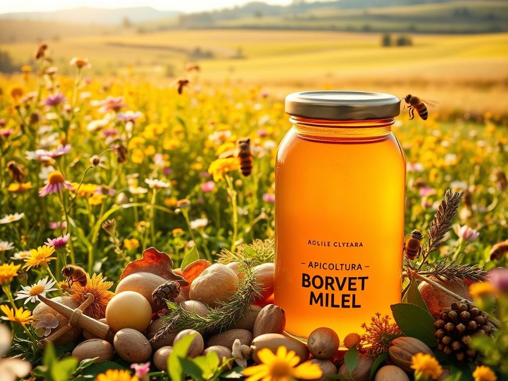 A lush, vibrant field of blooming wildflowers, bathed in warm golden sunlight. In the foreground, a glass jar filled with rich, amber-hued honey, bearing the label "APICOLTURA BORVEI MIELE". Surrounding the jar, an array of fresh fruits, nuts, and herbs - symbols of the diverse health benefits of this natural elixir. In the distance, a serene pastoral landscape, hinting at the harmony between bees, nature, and human wellbeing. The image conveys a sense of vitality, nourishment, and the restorative power of this age-old superfood. A lush, vibrant field of blooming wildflowers, bathed in warm golden sunlight. In the foreground, a glass jar filled with rich, amber-hued honey, bearing the label "APICOLTURA BORVEI MIELE". Surrounding the jar, an array of fresh fruits, nuts, and herbs - symbols of the diverse health benefits of this natural elixir. In the distance, a serene pastoral landscape, hinting at the harmony between bees, nature, and human wellbeing. The image conveys a sense of vitality, nourishment, and the restorative power of this age-old superfood.