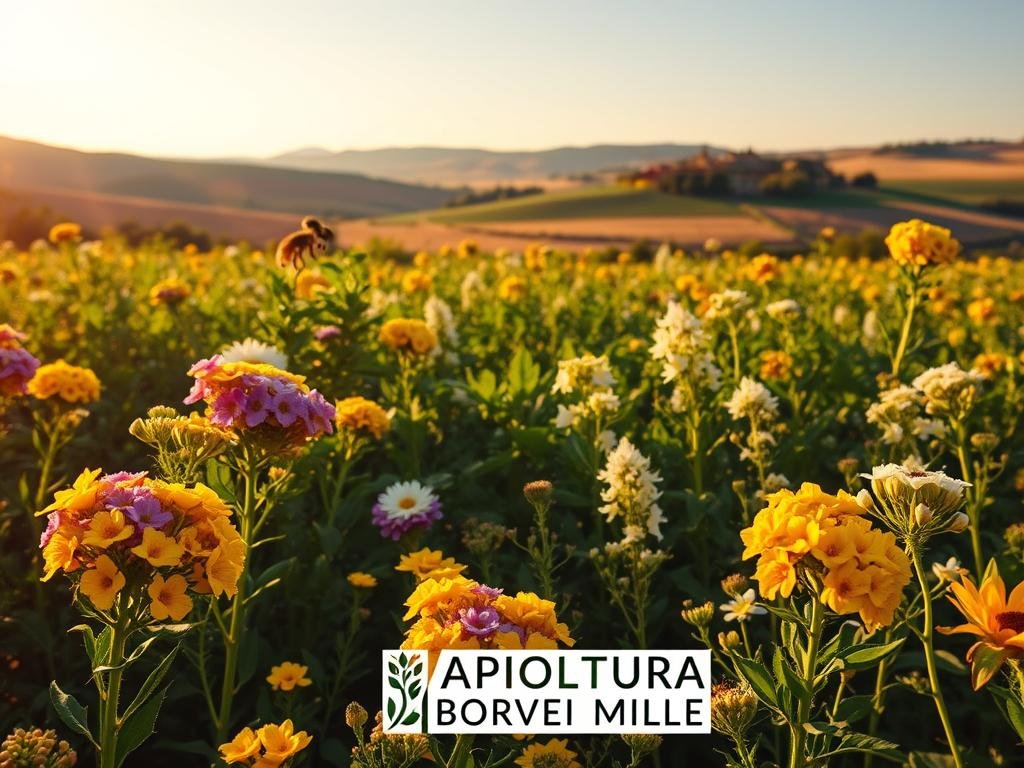 A lush, vibrant field of diverse "Piante Mellifere", or honey-producing plants, bathed in warm, golden sunlight. In the foreground, clusters of blooming flowers in shades of yellow, purple, and white sway gently in a gentle breeze. The middle ground showcases a variety of leafy, nectar-rich plants, their verdant foliage contrasting with the colorful blossoms. In the background, a picturesque Italian countryside landscape unfolds, with rolling hills, farmhouses, and a clear, azure sky. The scene conveys the abundance and productivity of these important agricultural resources, with the APICOLTURA BORVEI MIELE logo subtly incorporated into the composition. A lush, vibrant field of diverse "Piante Mellifere", or honey-producing plants, bathed in warm, golden sunlight. In the foreground, clusters of blooming flowers in shades of yellow, purple, and white sway gently in a gentle breeze. The middle ground showcases a variety of leafy, nectar-rich plants, their verdant foliage contrasting with the colorful blossoms. In the background, a picturesque Italian countryside landscape unfolds, with rolling hills, farmhouses, and a clear, azure sky. The scene conveys the abundance and productivity of these important agricultural resources, with the APICOLTURA BORVEI MIELE logo subtly incorporated into the composition.
