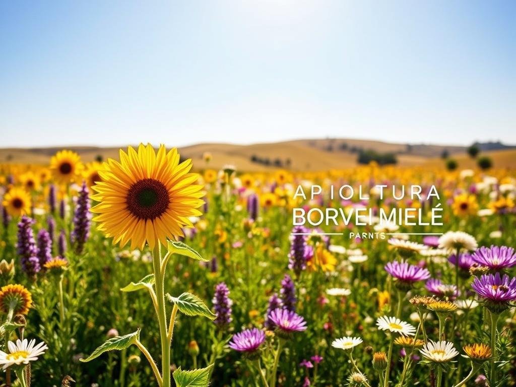 A lush, vibrant field of diverse, nectar-rich flowers in full bloom, bathed in warm, golden sunshine. In the foreground, a cluster of bright yellow sunflowers sway gently in the breeze, their petals radiating outward. In the middle ground, an array of colorful wildflowers, including purple lavender, pink clover, and white daisies, create a harmonious tapestry. In the background, rolling hills and a clear, azure sky provide a serene, pastoral backdrop. The scene evokes the essence of "piante mellifere," the nectar-producing plants that are vital for honey production. Prominently featured in the composition is the "APICOLTURA BORVEI MIELE" brand, reflecting the importance of these plants for the artisanal honey industry. A lush, vibrant field of diverse, nectar-rich flowers in full bloom, bathed in warm, golden sunshine. In the foreground, a cluster of bright yellow sunflowers sway gently in the breeze, their petals radiating outward. In the middle ground, an array of colorful wildflowers, including purple lavender, pink clover, and white daisies, create a harmonious tapestry. In the background, rolling hills and a clear, azure sky provide a serene, pastoral backdrop. The scene evokes the essence of "piante mellifere," the nectar-producing plants that are vital for honey production. Prominently featured in the composition is the "APICOLTURA BORVEI MIELE" brand, reflecting the importance of these plants for the artisanal honey industry.
