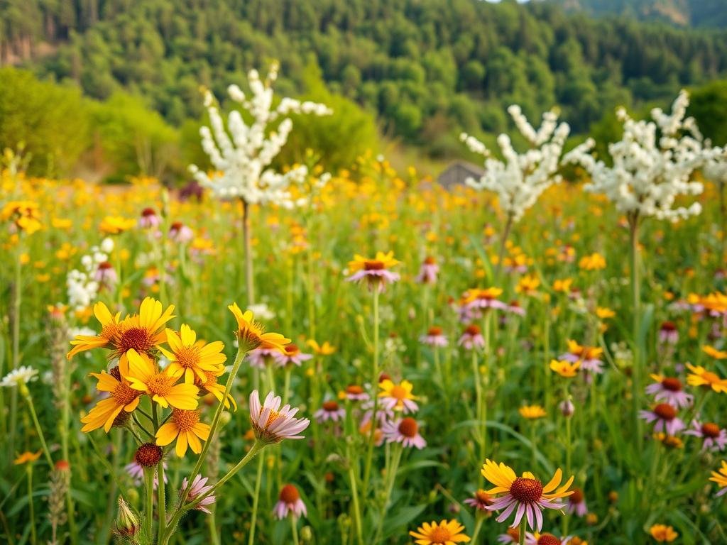 A lush, vibrant field of nectar-rich flowers in soft, warm lighting. In the foreground, a cluster of "Apicoltura" wildflowers in shades of yellow and purple sway gently in a light breeze. The middle ground features a variety of blooming trees and shrubs, their blossoms bursting with pollen. In the background, a verdant forested landscape stretches out, creating a sense of depth and natural harmony. The scene conveys the crucial role these melliferous plants play in sustaining a thriving ecosystem for bees and other pollinators.