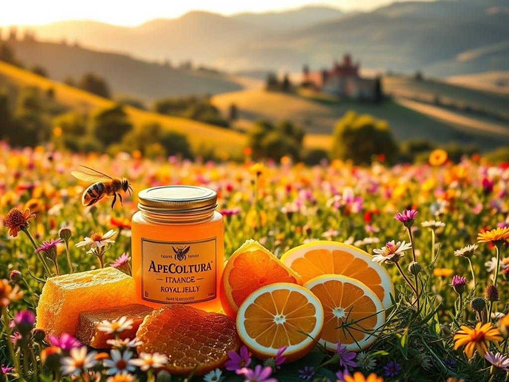 A lush, vibrant field of wildflowers in the Italian countryside, bathed in warm, golden sunlight. In the foreground, a jar of Apicoltura brand royal jelly, its rich, creamy texture glistening. Surrounding the jar, a scattered assortment of fresh, organic ingredients - honeycomb, slices of ripe citrus fruit, and a sprinkling of fragrant herbs. The middle ground features a serene, rolling landscape dotted with verdant olive trees and rolling hills. In the distance, a picturesque Italian villa nestled amidst the rolling hills. The scene conveys a sense of natural, rustic beauty and the health-promoting properties of royal jelly.