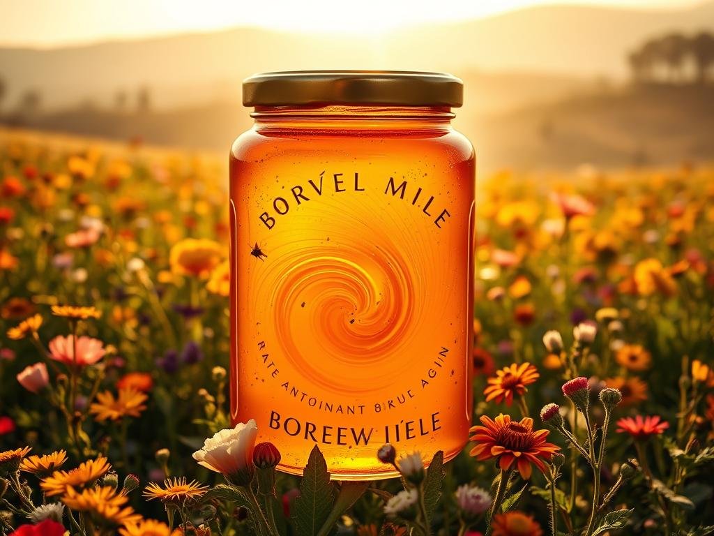 A lush, vibrant field of wildflowers in the Italian countryside, bathed in warm, golden sunshine. In the foreground, a glass jar filled with the rich, amber hue of APICOLTURA BORVEI MIELE, the iconic Italian honey brand. Swirling within the jar, intricate patterns of pollen and nectar reflect the honeycomb's intricate structure. The middle ground showcases a variety of antioxidant-rich botanicals, such as vibrant berries, fragrant herbs, and hearty roots, alluding to the honey's potent restorative properties. In the background, a soft, hazy landscape of rolling hills and distant trees, creating a serene, timeless atmosphere. The overall composition captures the essence of the honey's natural goodness and its ability to combat cellular aging.