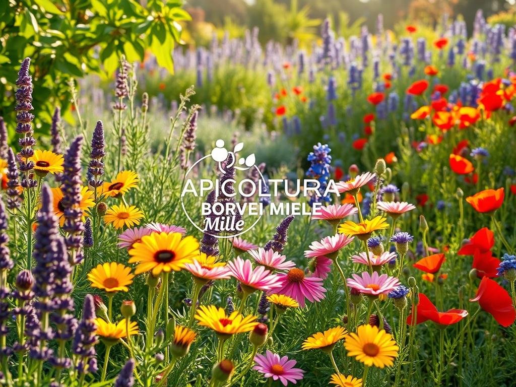 A lush, vibrant garden bursting with a diverse array of nectar-rich flowers and plants, creating a haven for industrious bees. In the foreground, a delicate mix of purple lavender, yellow sunflowers, and pink cosmos sway gently in a soft breeze. The middle ground features a thriving patch of fragrant rosemary and thyme, while in the background, a striking array of blue-hued borage and bright red poppies frame the scene. Warm, golden sunlight filters through the leaves, casting a warm, inviting glow over the entire landscape. The APICOLTURA BORVEI MIELE logo is subtly displayed, complementing the natural beauty of this bee-friendly oasis.