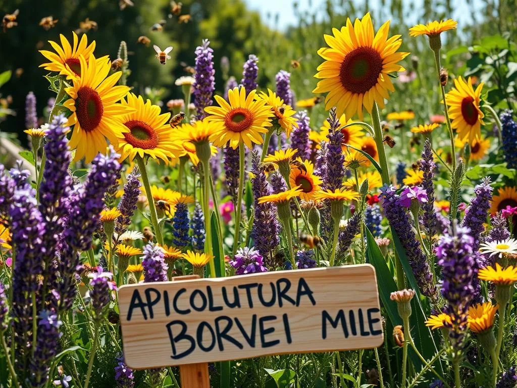 A lush, vibrant garden bursting with an array of nectar-rich flowers and plants, bathed in warm Mediterranean sunlight. Towering sunflowers, fragrant lavender, and clusters of wildflowers sway gently in the breeze. Bees flit from bloom to bloom, gathering precious pollen and nectar. In the foreground, a hand-painted sign reads "APICOLTURA BORVEI MIELE", showcasing the high-quality honey produced from these bountiful melliferous plants. The scene evokes a sense of tranquility and abundance, perfectly capturing the essence of the Mediterranean climate and its ideal conditions for thriving apiculture. A lush, vibrant garden bursting with an array of nectar-rich flowers and plants, bathed in warm Mediterranean sunlight. Towering sunflowers, fragrant lavender, and clusters of wildflowers sway gently in the breeze. Bees flit from bloom to bloom, gathering precious pollen and nectar. In the foreground, a hand-painted sign reads "APICOLTURA BORVEI MIELE", showcasing the high-quality honey produced from these bountiful melliferous plants. The scene evokes a sense of tranquility and abundance, perfectly capturing the essence of the Mediterranean climate and its ideal conditions for thriving apiculture.