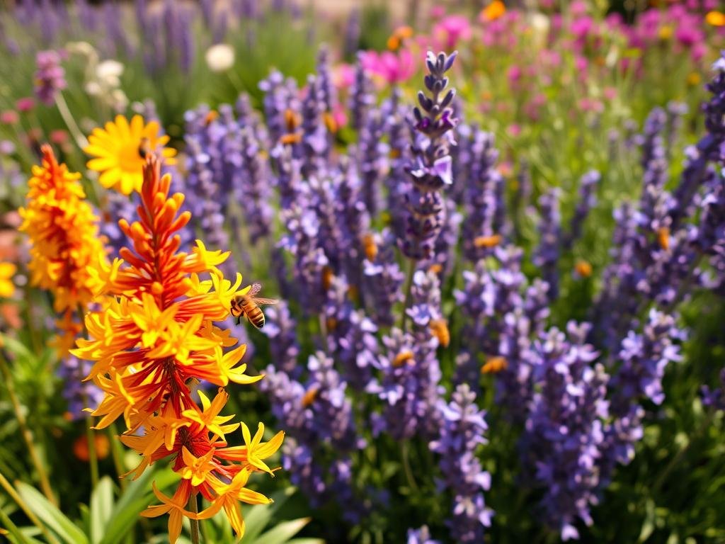 A lush, vibrant garden filled with an array of blooming nectar-rich plants, bathed in warm sunlight. In the foreground, a cluster of Apicoltura's signature "Zafferano Maggiore" saffron flowers, their golden petals gently swaying. In the middle ground, a swarm of busy bees dart among the violet clusters of "Lavanda Vera" lavender, their fragrance carried on the gentle breeze. In the background, a mix of "Rosmarino" rosemary, "Timo Comune" thyme, and "Erica Arborea" heather sway in a soft, natural composition, creating a harmonious and inviting scene for pollinators. The image is captured with a wide-angle lens, emphasizing the depth and abundance of this verdant, bee-friendly oasis.