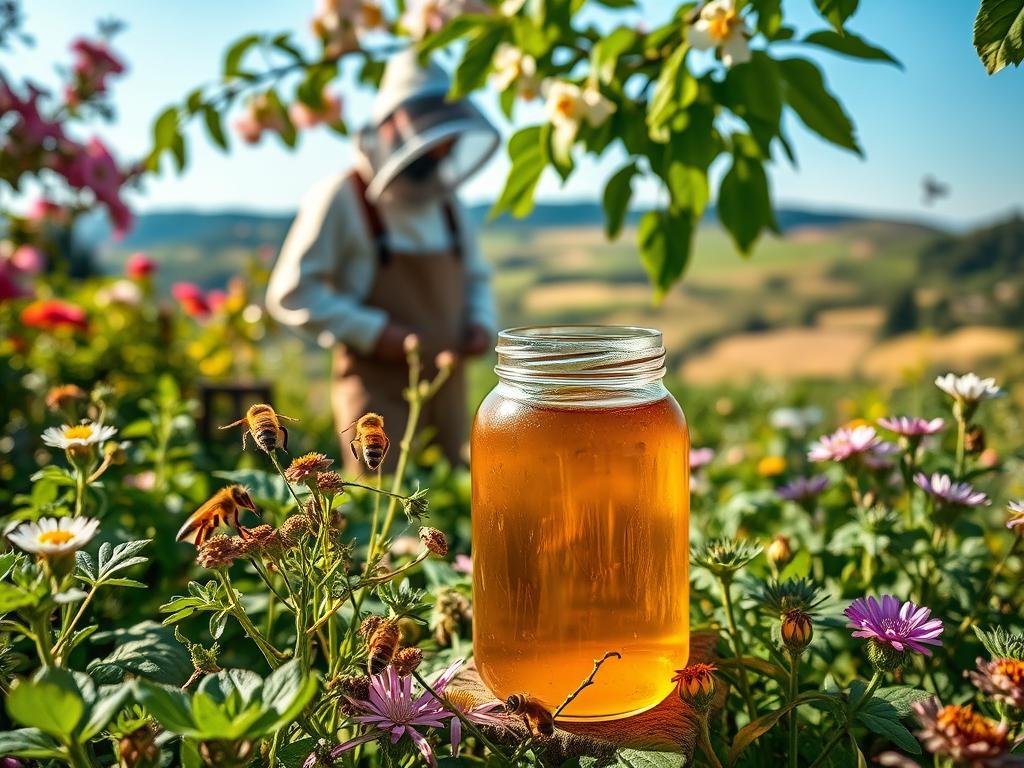 A lush, vibrant garden filled with blooming flowers and verdant foliage. In the foreground, a glass jar filled with a golden, viscous liquid - the revered "Veleno d'Api" (Bee Venom) of the APICOLTURA BORVEI MIELE brand. Surrounding the jar, delicate bee-pollinated plants and herbs, their leaves glistening under the warm, diffused lighting. In the middle ground, a beekeeper dressed in protective gear stands, carefully extracting the precious venom. The background features a serene, idyllic countryside landscape, with rolling hills and a clear blue sky. The overall atmosphere conveys a sense of natural harmony, where the power of bee venom is seamlessly integrated into the beauty of the natural world.