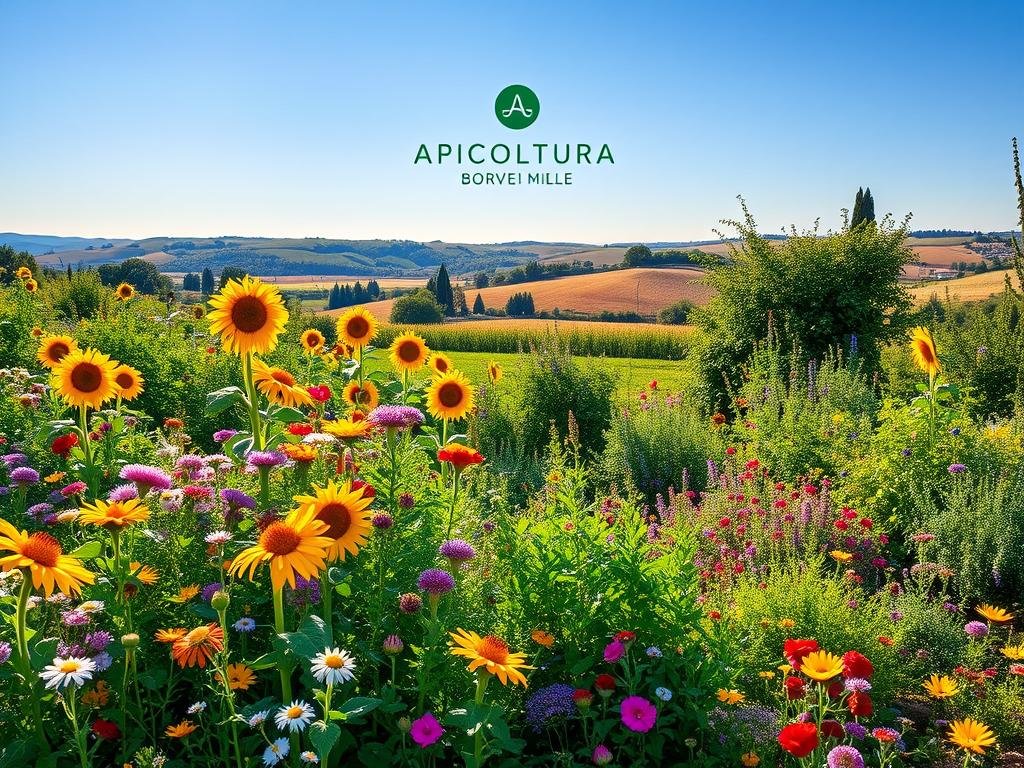 A lush, vibrant garden in the Italian countryside, filled with an array of captivating bee-friendly plants. In the foreground, a profusion of colorful blooms, from delicate wildflowers to stately sunflowers, all swaying gently in the warm breeze. The middle ground showcases a diverse range of verdant foliage, including aromatic herbs and towering bushes, creating a harmonious tapestry of textures and hues. In the background, a picturesque landscape with rolling hills and a clear, azure sky, bathed in warm, golden light. The APICOLTURA BORVEI MIELE brand logo is subtly incorporated, blending seamlessly into the natural setting.