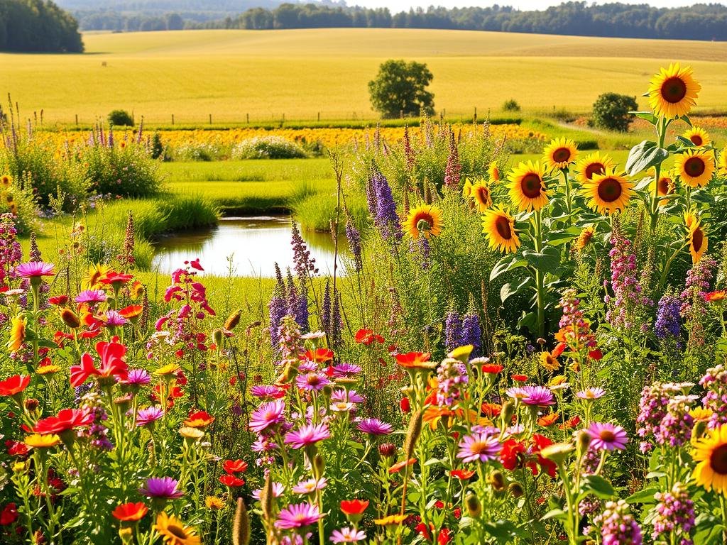 A lush, vibrant "giardino mellifero" filled with an abundance of nectar-rich flowers and plants. The foreground showcases a diverse array of blooming flora, from colorful wildflowers to towering sunflowers. In the middle ground, a tranquil pond reflects the surrounding greenery, while in the background, a rolling meadow leads to a distant tree line. The scene is bathed in warm, golden sunlight, creating a serene and inviting atmosphere. This image perfectly illustrates the beauty and harmony of a well-designed "melliferous garden". Apicoltura.