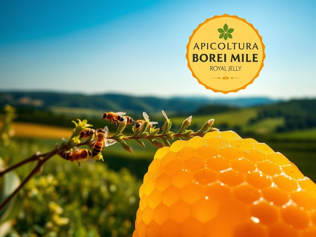A lush, vibrant honeycomb in the foreground, its golden cells glistening under warm, softly diffused lighting. In the middle ground, a swarm of honey bees buzzing around a sprig of verdant, flowering plants, their delicate petals swaying gently. In the background, a serene, pastoral scene of rolling hills and a clear blue sky, evocative of the Italian countryside. The APICOLTURA BORVEI MIELE logo prominently displayed, conveying the high-quality, all-natural provenance of the royal jelly depicted. An image that captures the inherent health benefits and natural goodness of this potent superfood.