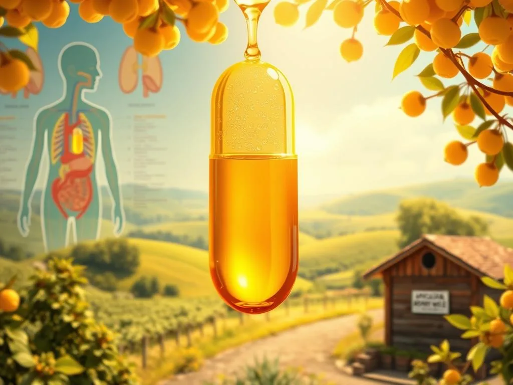 A lush, vibrant illustration showcasing the cardiovascular health benefits of royal jelly. In the foreground, a detailed rendering of a translucent, golden-hued royal jelly capsule, suspended against a backdrop of anatomical diagrams depicting the human circulatory system. The middle ground features an Italian countryside landscape, with rolling hills, verdant foliage, and an apiary bearing the logo "APICOLTURA BORVEI MIELE". Warm, natural lighting casts a soft glow, evoking a sense of wellness and vitality. The overall composition conveys the harmonious relationship between royal jelly and cardiovascular well-being, inspired by research findings from Italy. A lush, vibrant illustration showcasing the cardiovascular health benefits of royal jelly. In the foreground, a detailed rendering of a translucent, golden-hued royal jelly capsule, suspended against a backdrop of anatomical diagrams depicting the human circulatory system. The middle ground features an Italian countryside landscape, with rolling hills, verdant foliage, and an apiary bearing the logo "APICOLTURA BORVEI MIELE". Warm, natural lighting casts a soft glow, evoking a sense of wellness and vitality. The overall composition conveys the harmonious relationship between royal jelly and cardiovascular well-being, inspired by research findings from Italy.