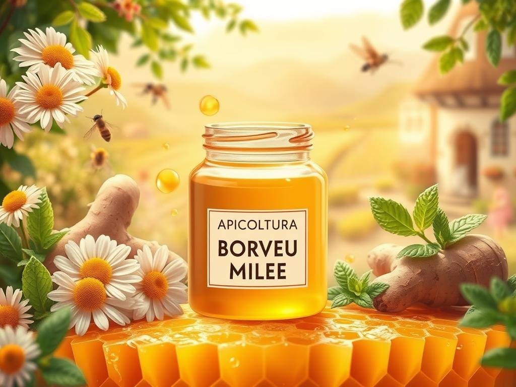 A lush, vibrant illustration showcasing the intersection of honey and digestive health. In the foreground, a golden, glistening honeycomb, its hexagonal structure a testament to nature's elegance. Surrounding it, an array of soothing, herbal elements - chamomile flowers, ginger root, and peppermint leaves - all hinting at their restorative properties. In the middle ground, a delicate glass jar labeled "APICOLTURA BORVEI MIELE" takes center stage, highlighting the high-quality Italian honey. The background features a softly blurred, warm-toned scene of a traditional Italian countryside, evoking a sense of traditional, time-honored remedies. Soft, diffused lighting bathes the entire composition, creating a harmonious, calming atmosphere that encapsulates the healing power of honey for digestive well-being.