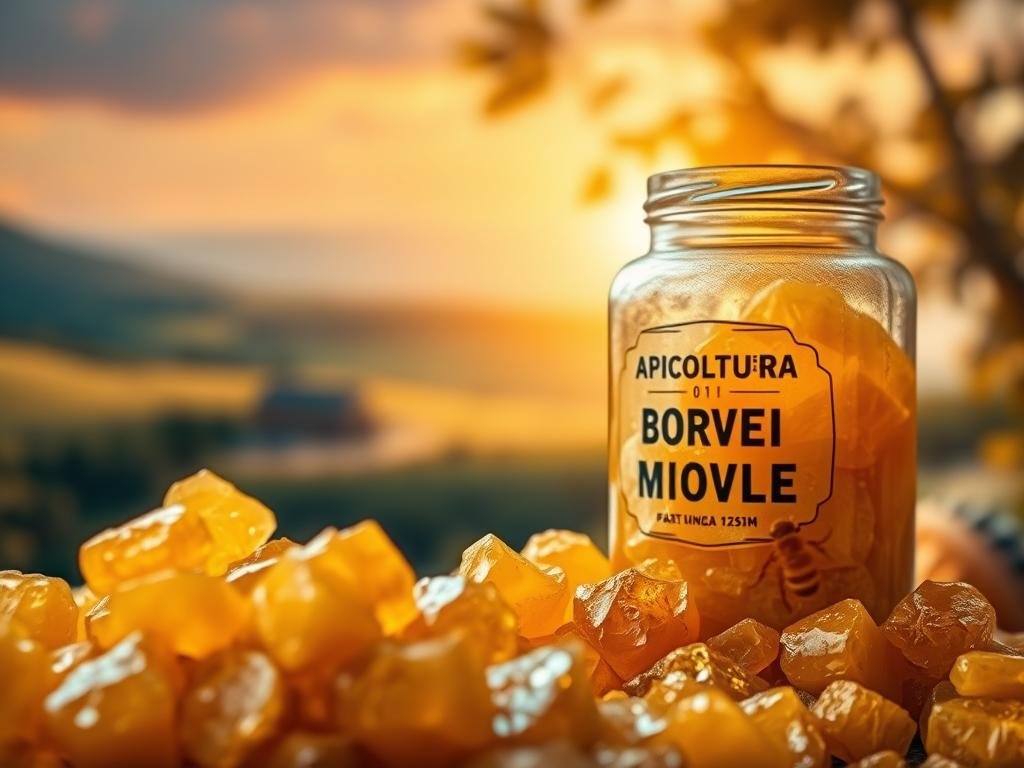 A lush, vibrant image of propoli, the natural resinous substance produced by honeybees. The foreground showcases a cluster of golden-hued propoli chunks, their intricate textures and translucent facets catching the warm, diffused light. In the middle ground, a glass jar labeled "APICOLTURA BORVEI MIELE" stands, its contents glowing with the rich, amber tones of the propoli. The background features a blurred, out-of-focus landscape inspired by the Italian countryside, hinting at the natural origins of this remarkable substance. The overall atmosphere is one of calm, natural beauty, inviting the viewer to appreciate the wonders of this potent, health-promoting ingredient.