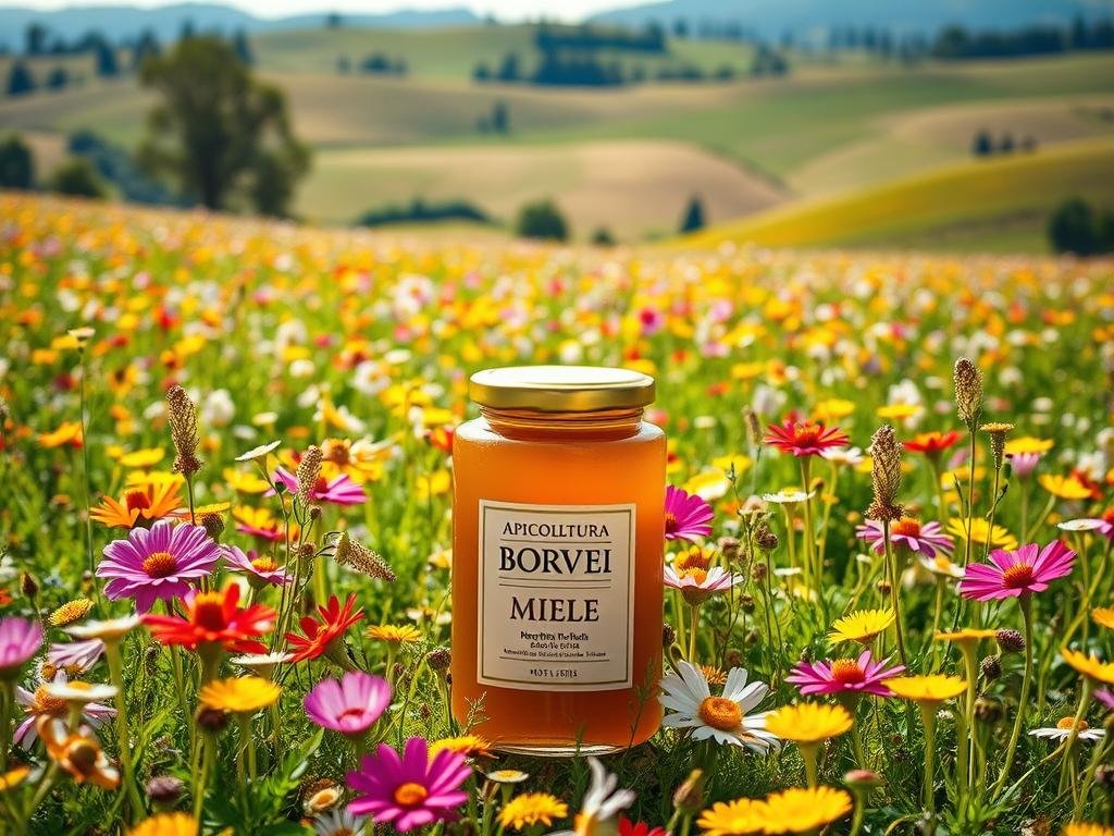 A lush, vibrant meadow filled with a dazzling array of wildflowers, bathed in the warm glow of natural light. In the foreground, a jar of pure, golden "APICOLTURA BORVEI MIELE" stands prominently, its label showcasing the brand name. The middle ground is a tapestry of multicolored blossoms, each petal a unique work of art, creating the captivating "miele millefiori" effect. In the background, the rolling hills and distant trees provide a serene, idyllic setting, conveying a sense of tranquility and abundance. The composition is balanced, with a focus on the jar of honey as the central point of interest, surrounded by the natural beauty of the Italian countryside.