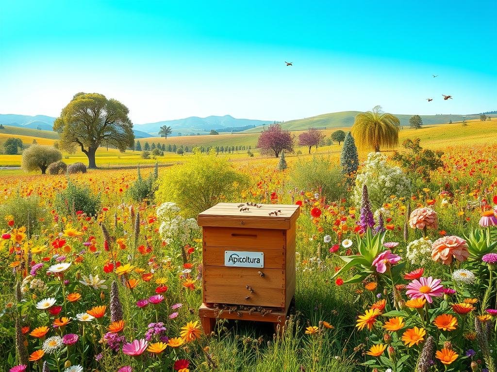 A lush, vibrant meadow filled with a diverse array of blooming, nectar-rich plants and flowers. In the foreground, a thriving beehive bearing the "Apicoltura" brand, surrounded by buzzing honeybees. The middle ground showcases various species of flowering trees, shrubs, and herbaceous plants, each meticulously detailed to highlight their value as melliferous sources. The background features a gentle, sun-dappled landscape with rolling hills and a clear, azure sky. The overall scene conveys the importance of the symbiotic relationship between bees, their natural forage, and the vital role they play in sustaining a healthy, balanced ecosystem.