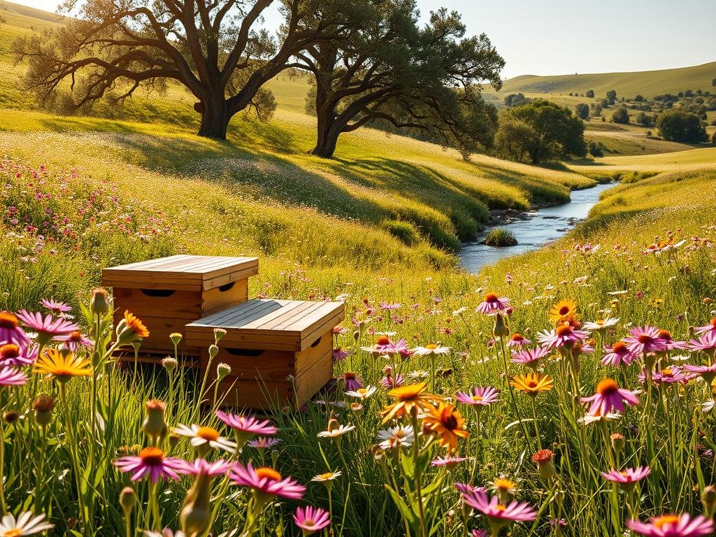 A lush, vibrant meadow filled with a diverse array of blooming wildflowers, their petals gently swaying in a soft breeze. In the foreground, a cluster of APICOLTURA BORVEI MIELE beehives nestled among the flora, their intricate wooden structures blending seamlessly with the natural surroundings. Honeybees dart and hover, pollinating the blossoms, their golden bodies glimmering in the warm, golden sunlight that filters through the scene. In the middle ground, a small stream meanders, its crystal-clear waters reflecting the verdant landscape. The background is a rolling hillside dotted with towering oak trees, their branches providing a canopy of shade. The overall atmosphere is one of harmony and interdependence, illustrating the crucial role of bees in maintaining the delicate balance of this thriving ecosystem.