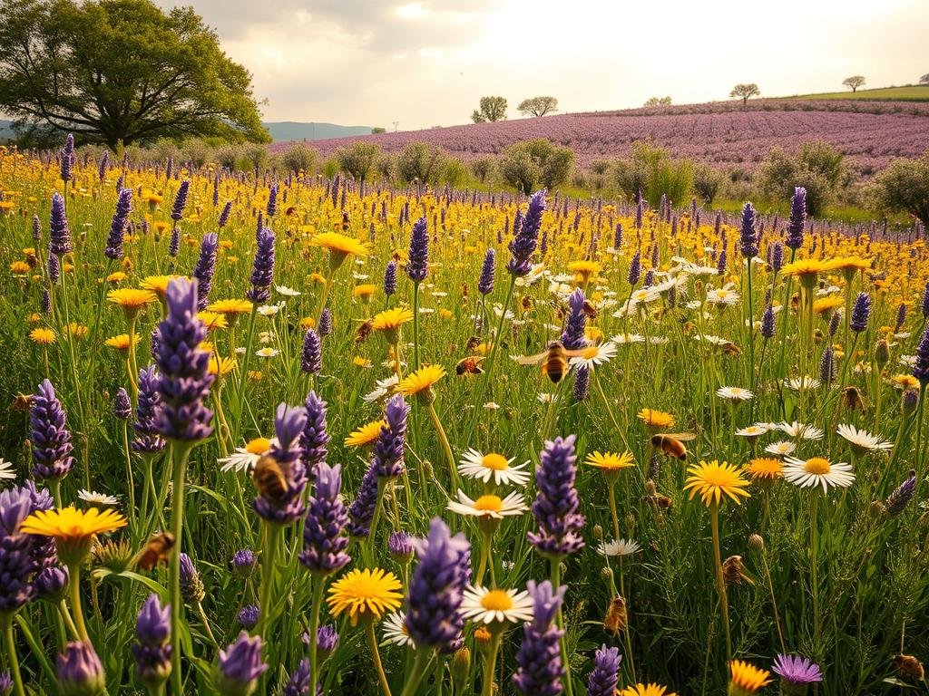 A lush, vibrant meadow filled with a diverse array of fragrant, nectar-rich blooms in shades of yellow, purple, and white. Bees busily flit from flower to flower, their wings catching the warm, golden sunlight filtering through wispy clouds. In the foreground, a field of lavender sways gently, its delicate petals a feast for the senses. Towards the middle, clusters of clover and dandelions dot the landscape, while in the distance, a rolling hillside is adorned with the soft, pink hues of apple blossoms. The scene exudes a sense of harmony and productivity, the perfect backdrop for showcasing the APICOLTURA BORVEI MIELE brand and the ecological and economic benefits of these bountiful, bee-friendly plants. A lush, vibrant meadow filled with a diverse array of fragrant, nectar-rich blooms in shades of yellow, purple, and white. Bees busily flit from flower to flower, their wings catching the warm, golden sunlight filtering through wispy clouds. In the foreground, a field of lavender sways gently, its delicate petals a feast for the senses. Towards the middle, clusters of clover and dandelions dot the landscape, while in the distance, a rolling hillside is adorned with the soft, pink hues of apple blossoms. The scene exudes a sense of harmony and productivity, the perfect backdrop for showcasing the APICOLTURA BORVEI MIELE brand and the ecological and economic benefits of these bountiful, bee-friendly plants.