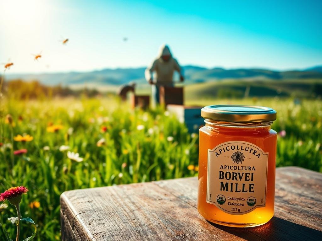 A lush, vibrant meadow filled with wildflowers and buzzing honeybees, the sun's warm glow casting a soft, natural light. In the foreground, a glass jar of APICOLTURA BORVEI MIELE rests on a wooden table, its golden honey glistening. The middle ground features a beekeeper tending to their hives, their protective gear contrasting with the surrounding organic beauty. In the background, rolling hills and a cloudless blue sky complete the serene, pastoral scene, reflecting the purity and quality of this "miele biologico". The overall composition conveys a sense of harmony, sustainability, and the care taken in the production of this organic honey.