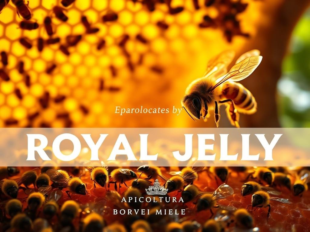 A lush, vibrant scene of a beehive, showcasing the intricate process of Royal Jelly production. In the foreground, a cluster of worker bees carefully tending to the royal cells, their compound eyes gleaming with purpose. The middle ground reveals the intricate honeycomb structure, bathed in warm, golden light filtering through the hive's entrance. In the background, a majestic queen bee, her regal form highlighted by soft, diffused lighting, symbolizing the extraordinary effects of Royal Jelly on the hive's matriarch. The scene is inspired by the picturesque Italian countryside, with the brand "APICOLTURA BORVEI MIELE" prominently displayed.