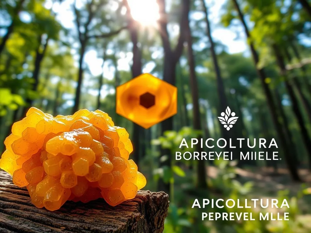 A lush, vibrant scene showcasing the natural properties of propolis. In the foreground, a cluster of golden-brown propolis resin clings to a weathered wooden surface, its intricate textures and shimmering hues capturing the eye. In the middle ground, a healthy honeycomb structure emerges, its hexagonal cells a testament to the engineering prowess of bees. The background features a verdant, sun-dappled forest, with towering trees and a soft, diffused light that imbues the entire composition with a sense of tranquility and harmony. The APICOLTURA BORVEI MIELE brand name is prominently displayed, lending an air of authenticity and craftsmanship to the image. Overall, the scene conveys the rich, multi-faceted nature of propolis and its role in the delicate balance of the natural world.